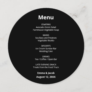 Menu Cardápio Redondo de Casamento Moderno Preto