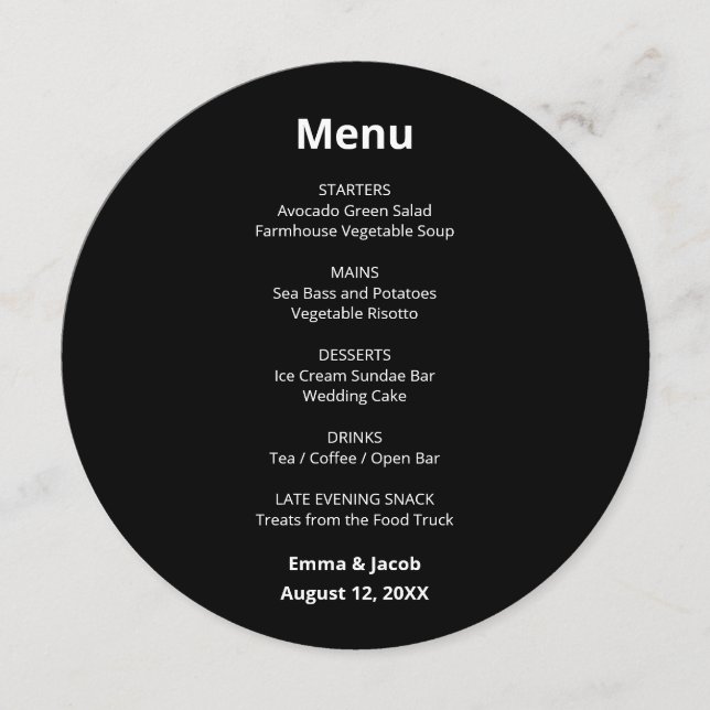 Menu Cardápio Redondo de Casamento Moderno Preto (Frente)