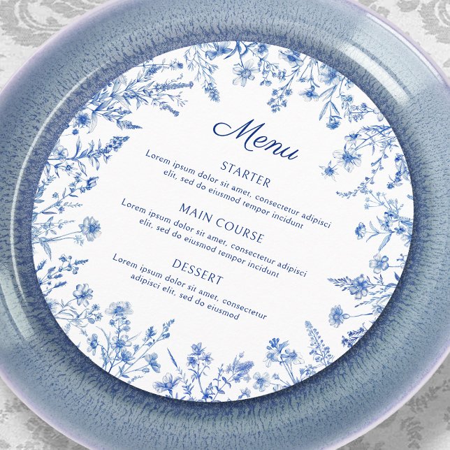 Menu Cardápio Redondo de Flores Silvestres Azuis France (Criador carregado)
