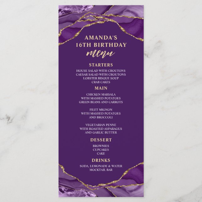 Menu Cardápio Roxo e Dourado Agate Design (Frente)