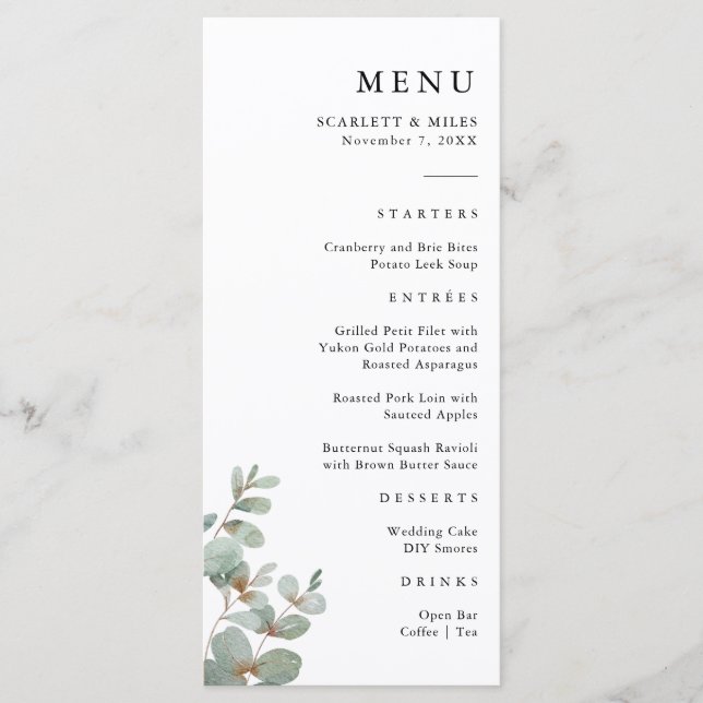 Menu Cardápio Simples de Casamento com Eucalipto (Frente)