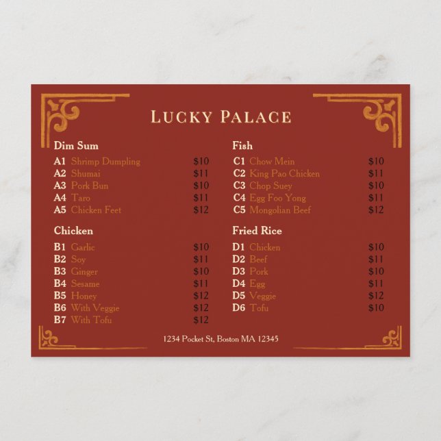 Menu Cardápio Vermelho do Restaurante Chinês com Borda  (Verso)