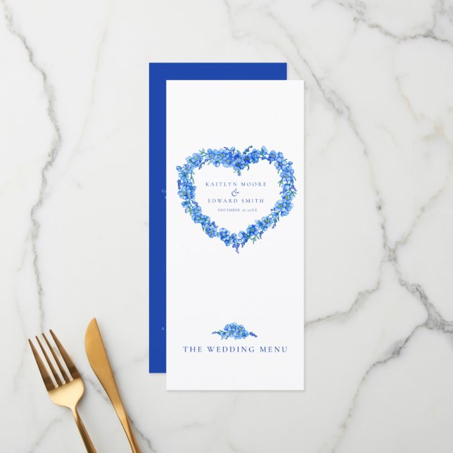Menu Cardápios de casamento azul branco coração não-me- (Frente/Verso In Situ)