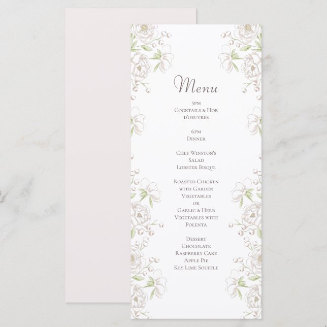 Menu Cardápios de Casamento Clássico Rosa Branca (Frente/Verso)
