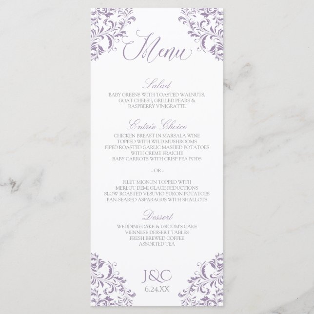 Menu Cardápios de Casamento Elegantes | Nadine (Lavanda (Frente)