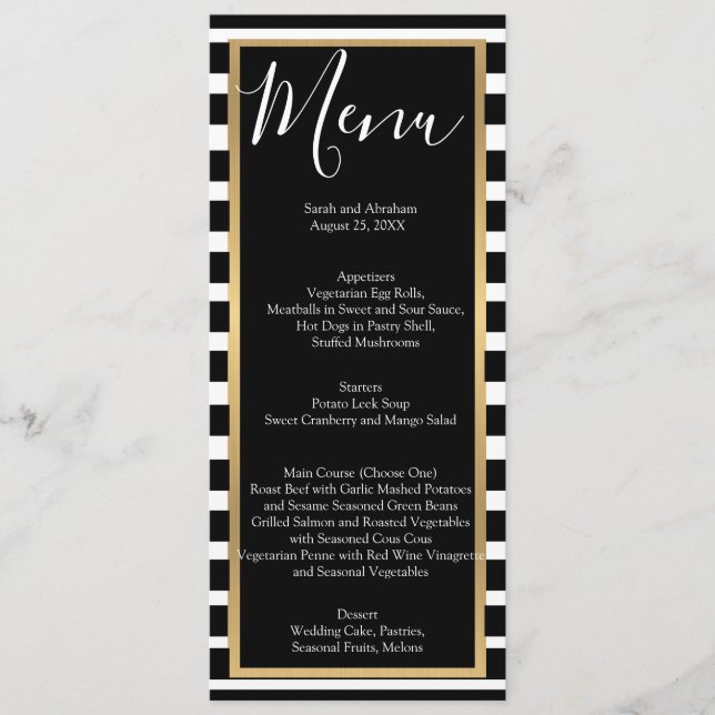 Menu Cardápios de Casamento Listrados Preto e Branco (Frente)