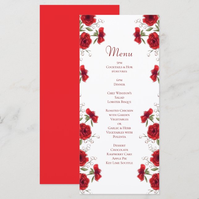 Menu Cardápios de Casamento Romântico Rosa Vermelha (Frente/Verso)