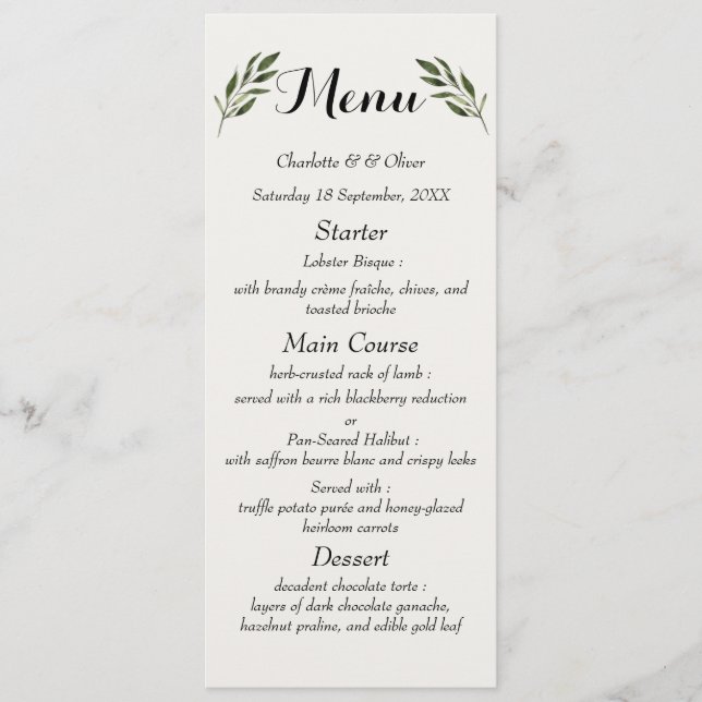 Menu Cardápios de Recepção de Casamento Botânica Elegan (Frente)