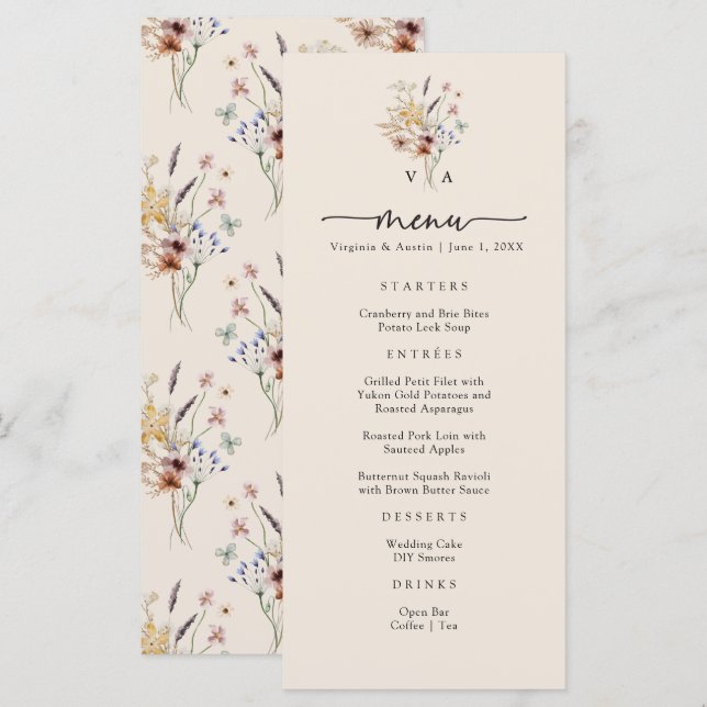 Menu Cardápios Monograma Boho (Frente/Verso)