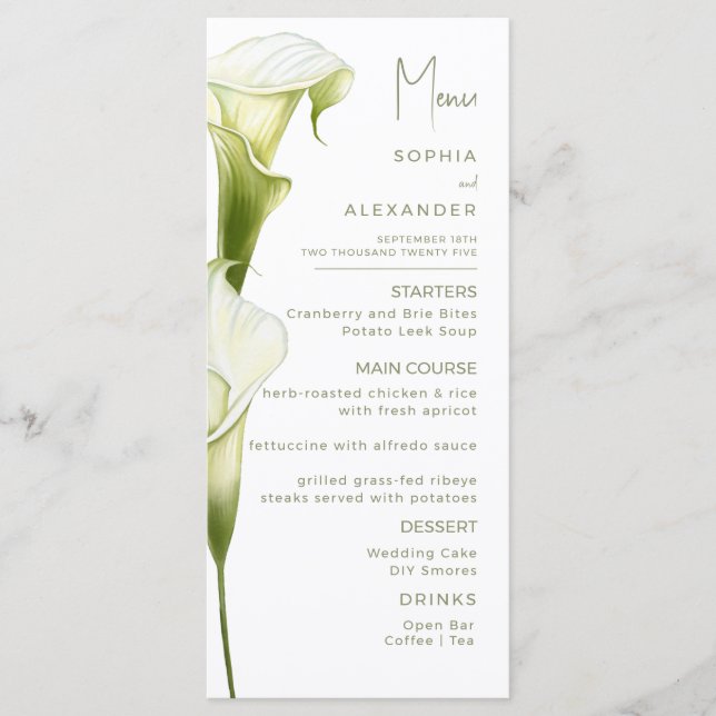Menu Cardápios para um casamento moderno. (Frente)