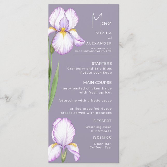 Menu Cardápios para um casamento moderno. (Frente)