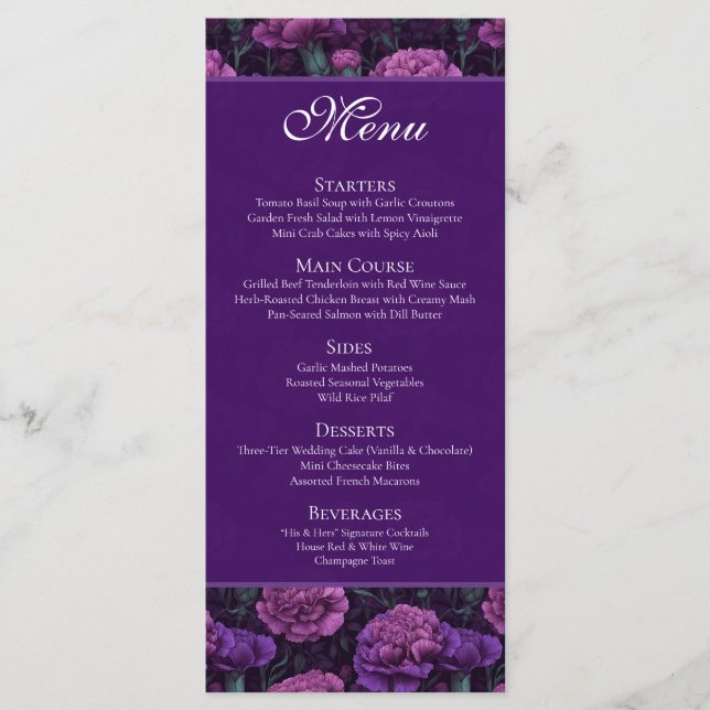 Menu Carnation Charme Personalizado Fofo Roxo Casamento (Frente)