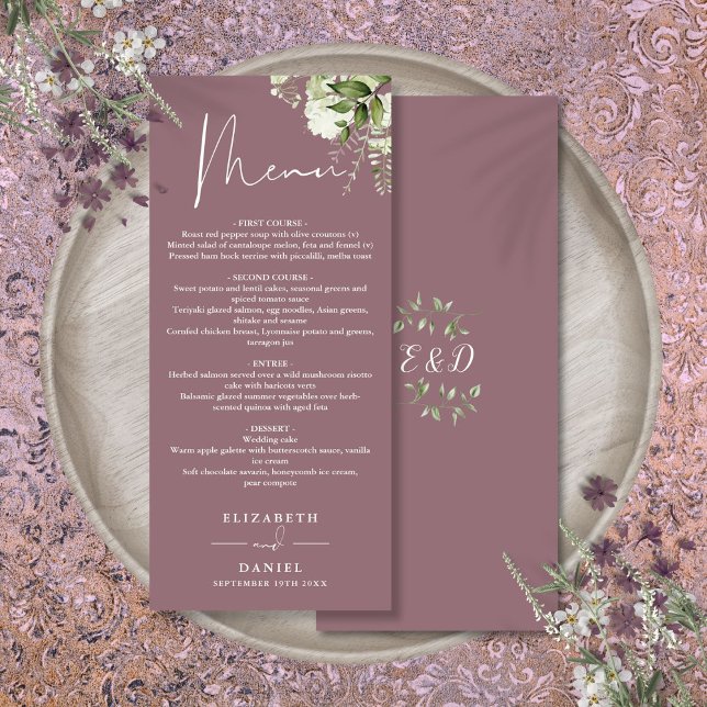 Menu Carta de Jantar de Casamento com Monograma de Flor (Mauve Floral Greenery Monogram Wedding Dinner Menu)