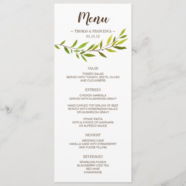 Menu Cartão-Menu Rustic Watercolor Greenery Wedding (Frente)