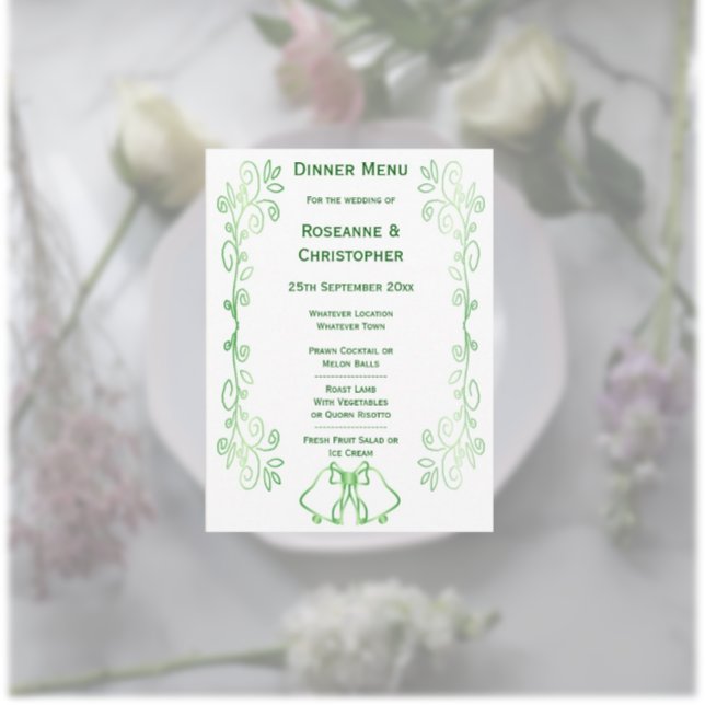 Menu Cartazes de Cartolina de Cartolina Verde Emerald (Emerald wedding menu bells and scrollwork design)