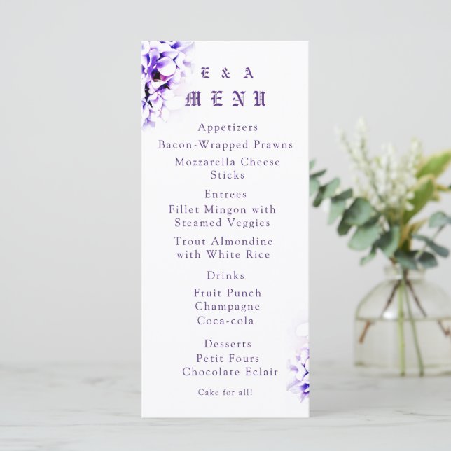 Menu Carteira Católica de Casamento Violetas Elegantes (Em pé/Frente)