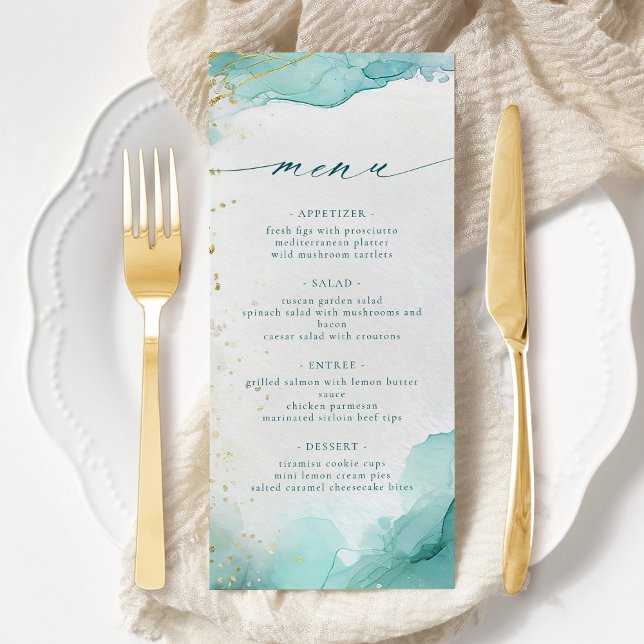 Menu Casamento Abstrato Moderno na Praia em Azul Turque (Criador carregado)