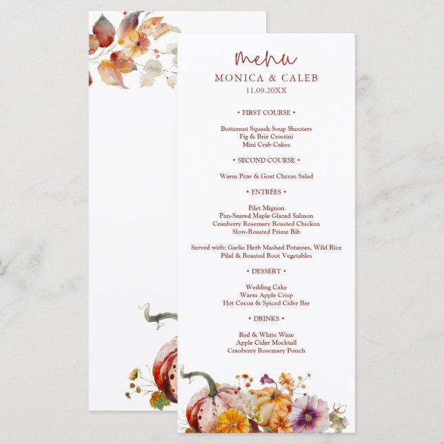 Menu Casamento Aconchegante com Abóboras Botânicas em A (Frente/Verso)