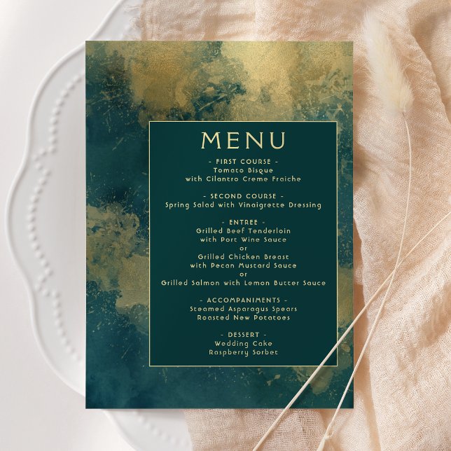 Menu Casamento Água-forte Teal Dourado Abstrato (Criador carregado)