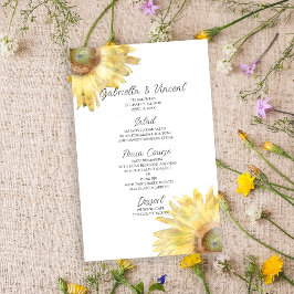 Menu Casamento Amarelo de Girassóis Aquarela