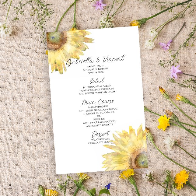 Menu Casamento Amarelo de Girassóis Aquarela (Criador carregado)