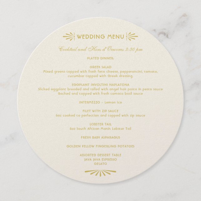 Menu Casamento Art Déco Vintage Marfim e Dourado (Frente)
