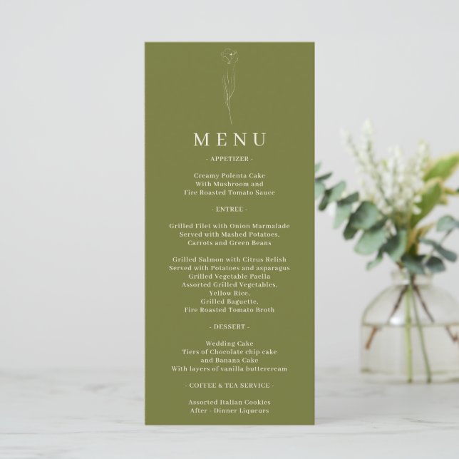 Menu Casamento Arte Flor Verde Oliva (Em pé/Frente)