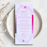 Menu Casamento Astronômico da Lua Solar Rosa-Rosa-Lavan<br><div class="desc">A Lavanda mística, cor-de-rosa, é uma estrela astronômica Cartões de Casamento Cósmico Celestial Galáxia, que apresenta um sol, lua e estrelas com um quadro rosa e roxo sobre um fundo de lavanda pastel, com os detalhes de seus menus no centro em um roteiro de caligrafia rosa moderno. Personalize editando o...</div>