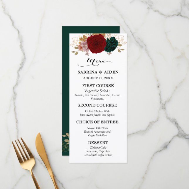 Menu Casamento Autumnal Burgundy Emerald Greeny Floral (Frente/Verso In Situ)