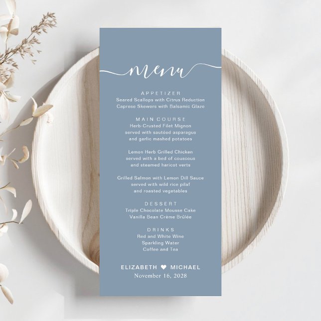 Menu Casamento Azul com Dusty Script Chic (Criador carregado)
