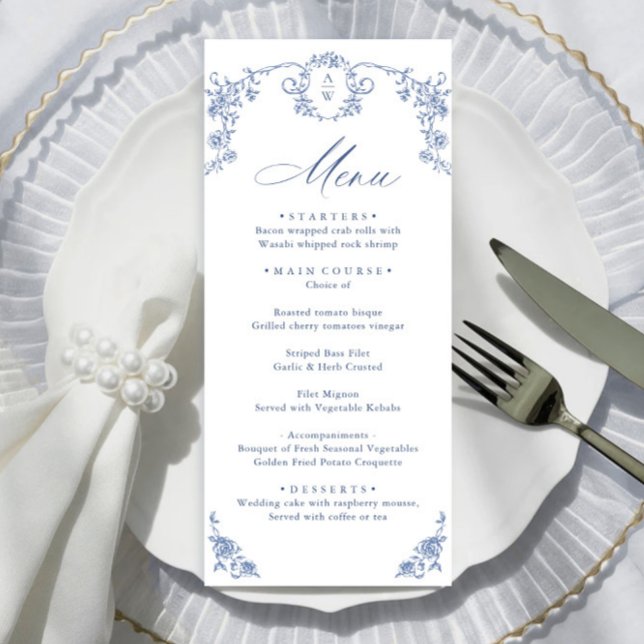 Menu Casamento Azul com Grace Floral Dusty, Ornamentado (Criador carregado)