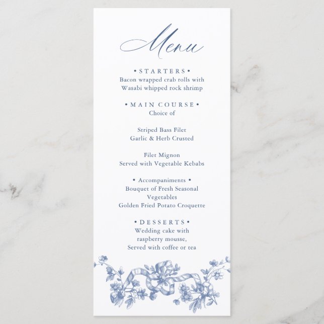 Menu Casamento Azul com Grace Floral Dusty, Ornamentado (Frente)