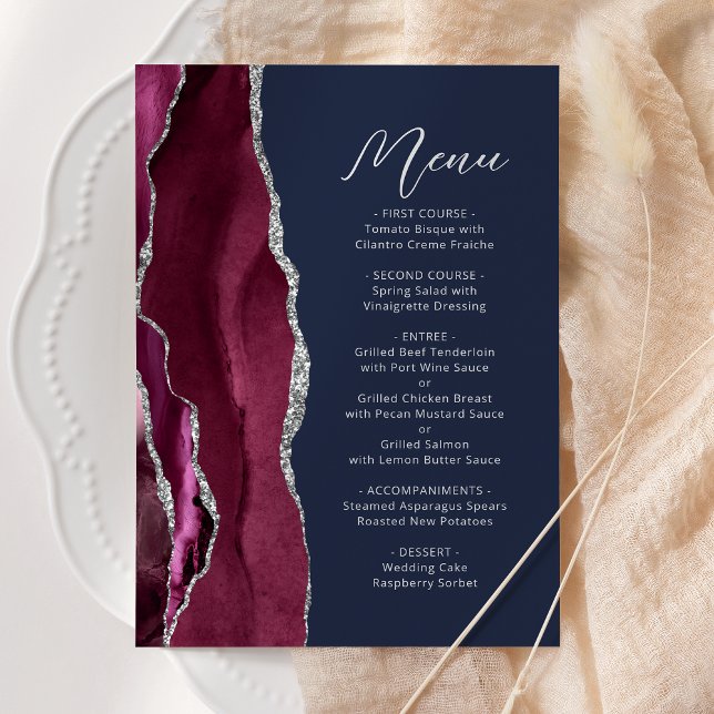 Menu Casamento Azul com Marinho de Script Agate Silver  (Criador carregado)