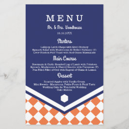 Menu Casamento Azul com Padrão Verificado Laranja