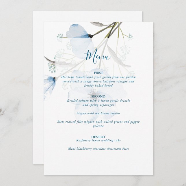 Menu Casamento Azul de Dusty Chic Elegante Moderno (Frente/Verso)