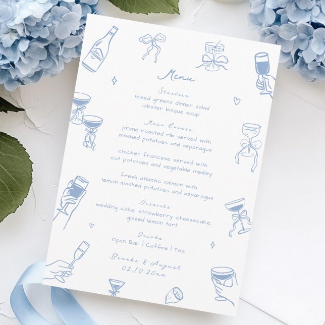 Menu Casamento Azul De Mão De Mão Escavada (Criador carregado)