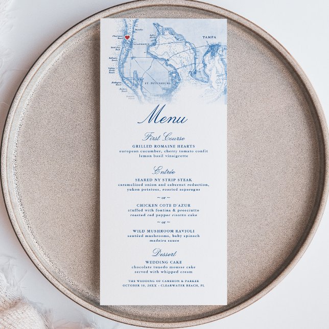 Menu Casamento Azul do Mapa Elegante do Marinho da Prai (Clearwater Beach FL Wedding Menu in Elegant Navy Blue from Coastal Map Designs)