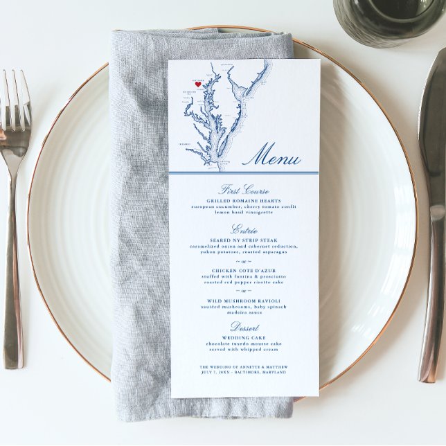 Menu Casamento Azul do Mapa Elegante do Marinho de Balt (Baltimore MD Wedding Menu with Elegant navy blue Chesapeake Bay map from Coastal Map Designs)