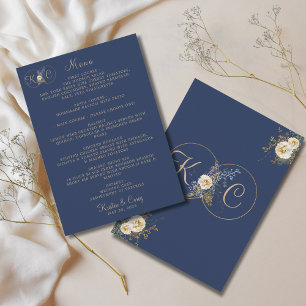 Menu Casamento Azul do Marinho do Monograma Dourado Ele