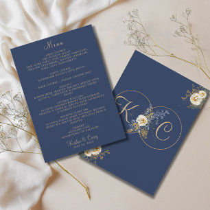 Menu Casamento Azul do Marinho Monograma Dourado Elegan