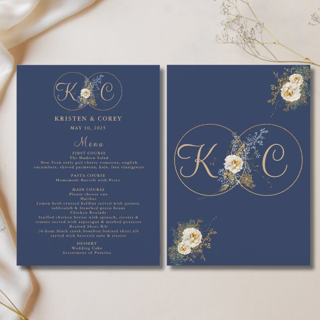 Menu Casamento Azul do Marinho Monograma Dourado Elegan (Criador carregado)
