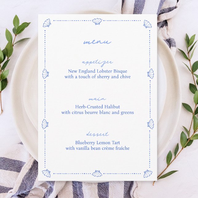 Menu Casamento Azul e Branco da Borda Chic Costeira (Criador carregado)