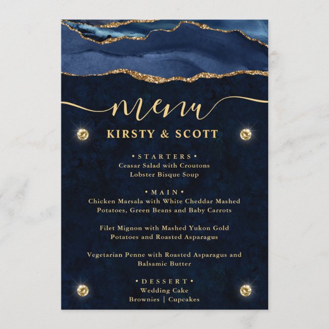 Menu Casamento Azul e Dourado Elegante com Ágata Falsa  (Frente)