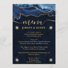 Menu Casamento Azul e Dourado Elegante com Ágata Falsa