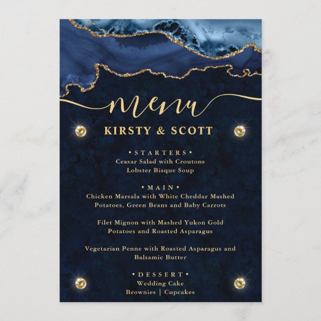 Menu Casamento Azul e Dourado Elegante com Ágata Falsa  (Frente)