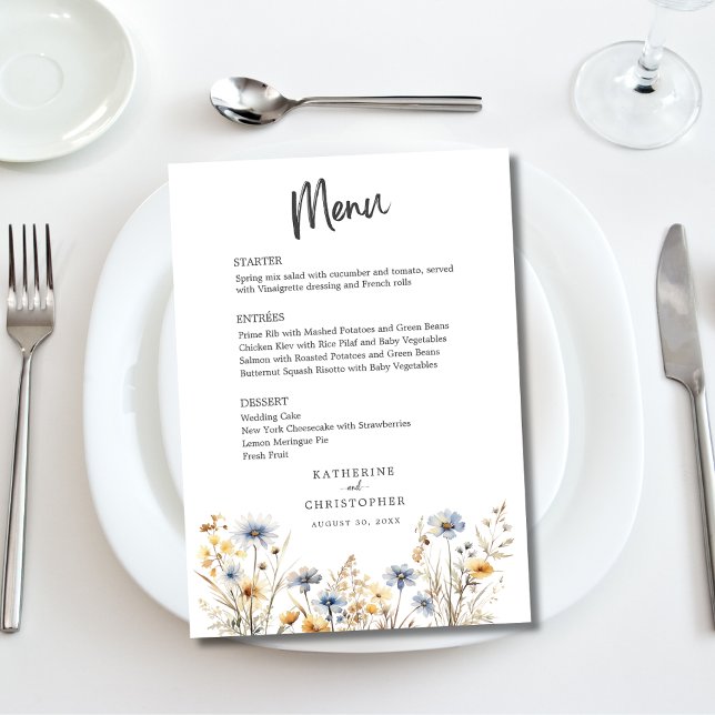 Menu Casamento Azul Elegante De Flor Selvagem De Água (Watercolor Wildflower Elegant Dusty Blue Wedding Menu with Menu Options, Couple Names, Date.)