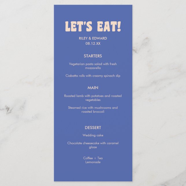 Menu Casamento Azul Escuro Bege "Vamos Comer!" Retro Mo (Frente)