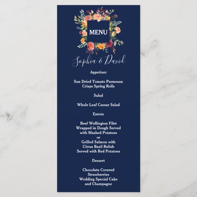 Menu Casamento Azul Escuro Escuro da Borgonha (Frente)