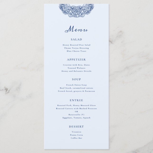 Menu Casamento Azul Francês - Crest Barroco (Frente)