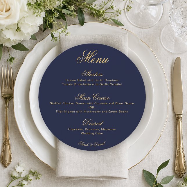 Menu Casamento Azul Marinho Dourado Caligrafia Simples  (Criador carregado)